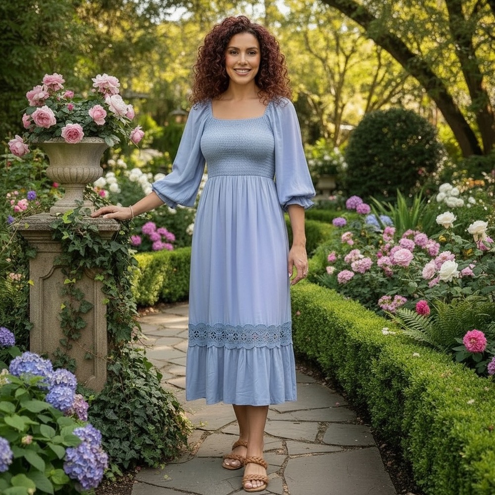 ZESICA Boho Long Sleeve Smocked High Waist Flowy A Line Lace Trim Maxi Dress XL